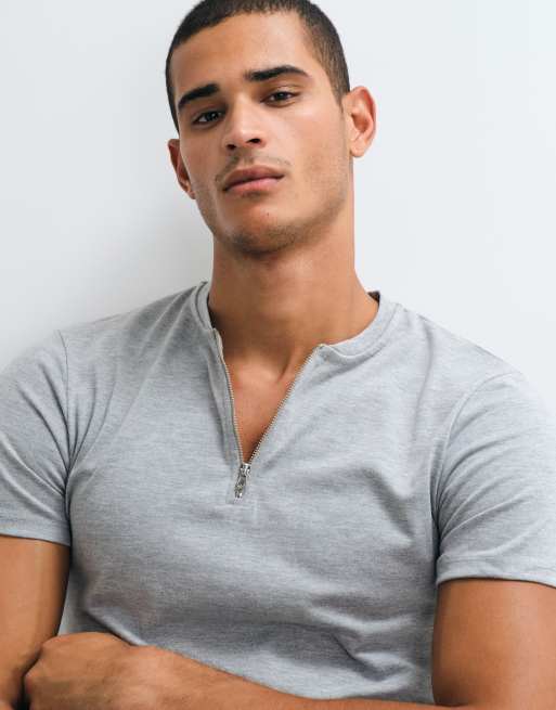 ASOS DESIGN - Smal T-shirt met Henley-hals met rits in gemêleerd grijs, 3 van 5