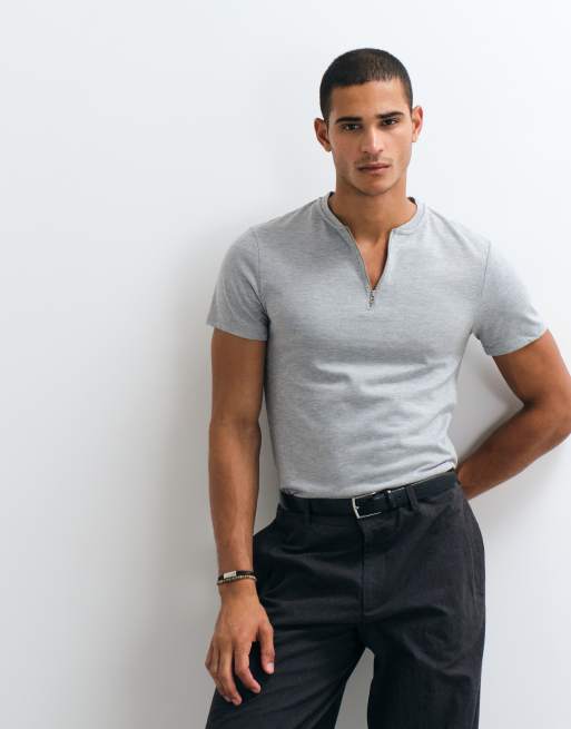 ASOS DESIGN - Smal T-shirt met Henley-hals met rits in gemêleerd grijs, 5 van 5