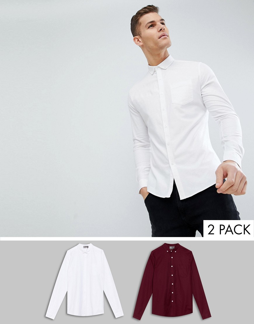 ASOS DESIGN – smal vit och vinröd oxfordskjorta flerpack-Flerfärgad