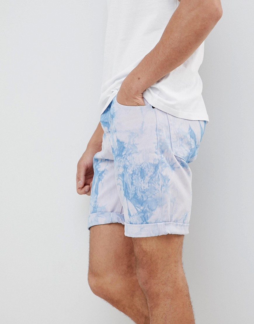 ASOS DESIGN – Smala lila batikmönstrade jeansshorts