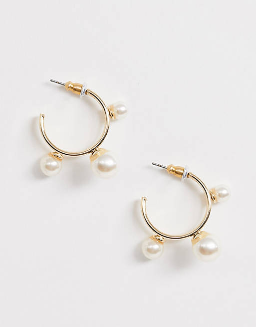 ASOS DESIGN small hoop earrings in double row design with pearls in gold tone