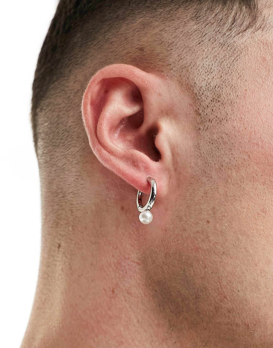 ASOS DESIGN small hoop earrings with pearl drop-Silver