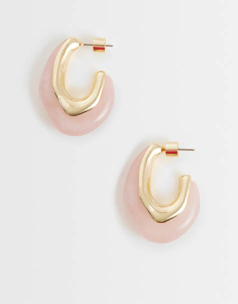 ASOS DESIGN small hoops with light pink resin design in gold tone - view 1