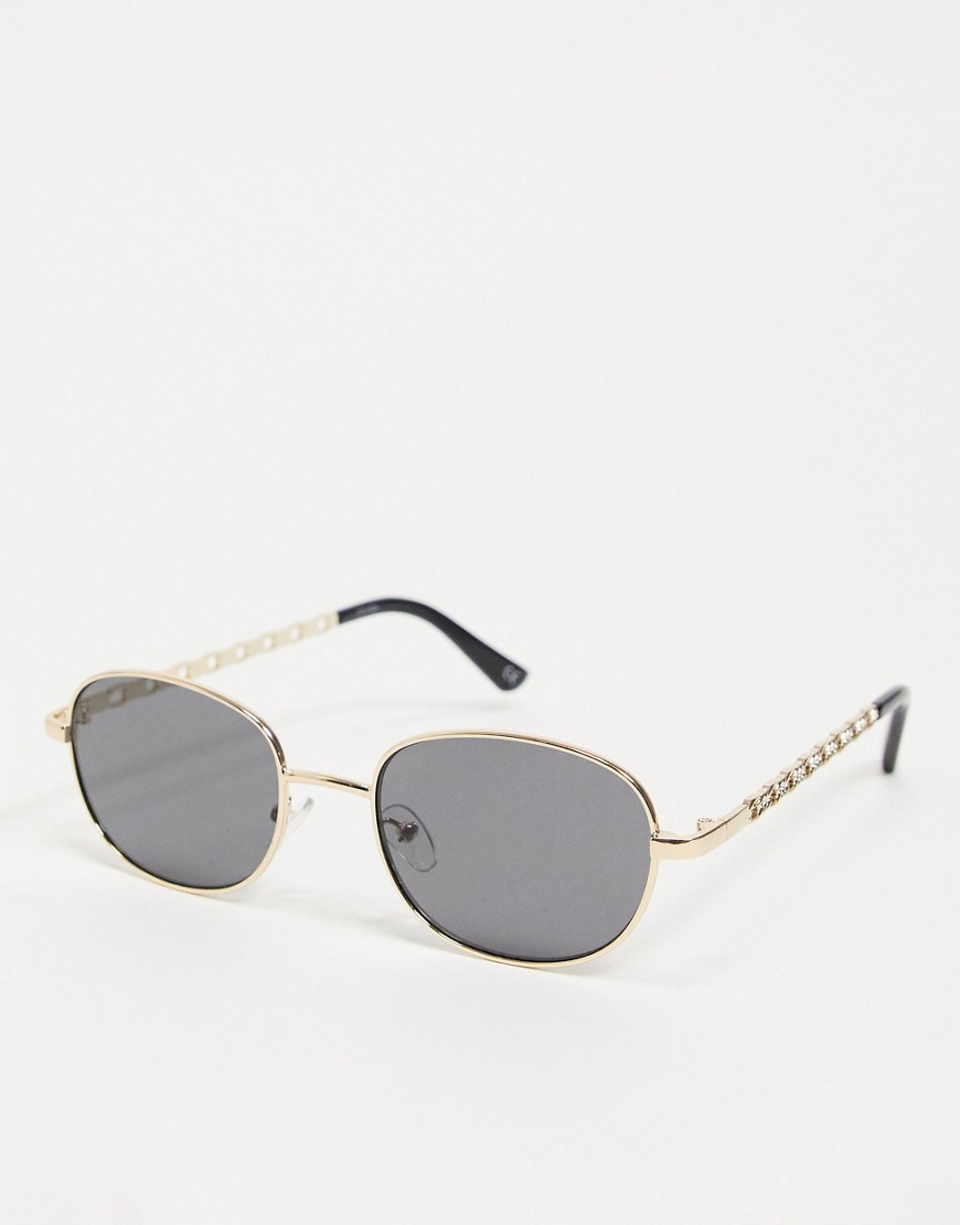ASOS DESIGN small round sunglasses in gold with chain detail arms in smoke lens
