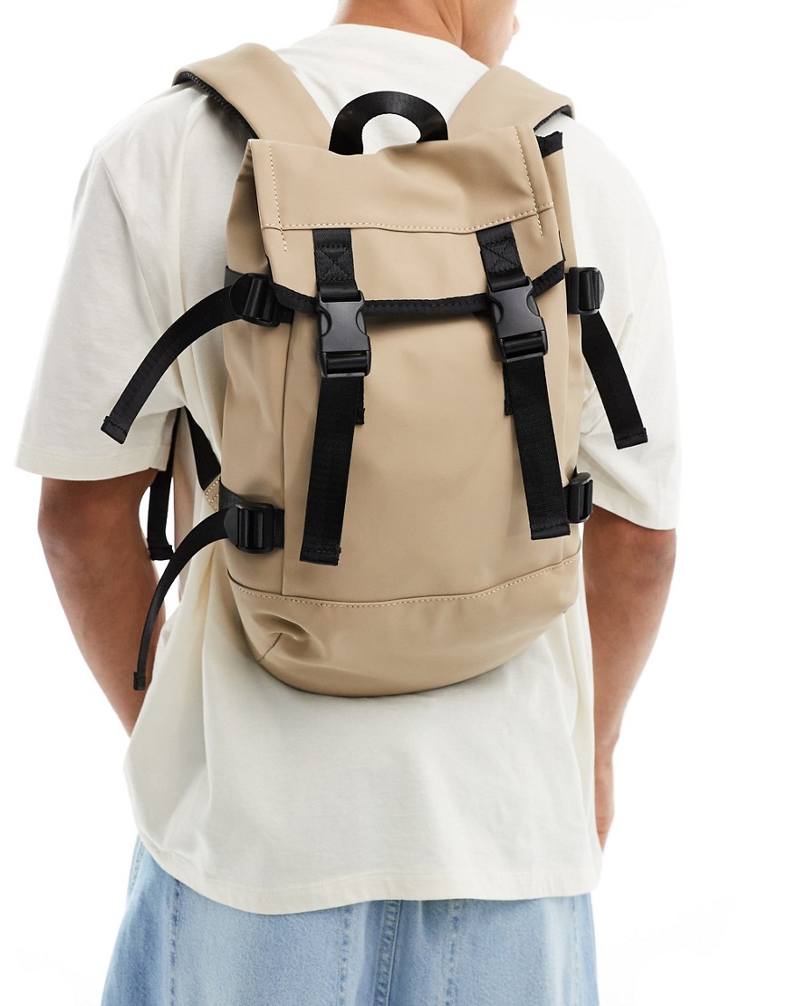Asos Design Large Backpack Bag With Cargo Pockets And Black Trim In Stone-neutral