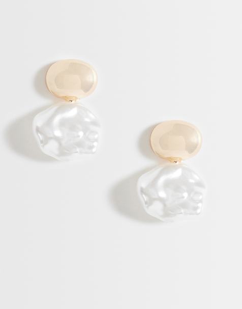 ASOS DESIGN small stud earrings with double drop faux-pearl design in gold tone - view 1