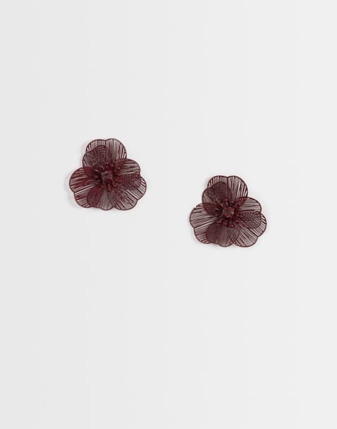 ASOS DESIGN small stud earrings with mini wire-floral design in Burgundy - view 1
