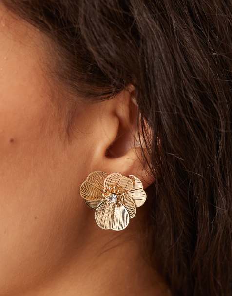 ASOS DESIGN small stud earrings with mini wire-floral design in gold tone - view 1