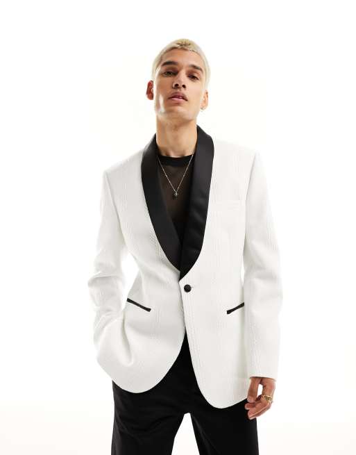 ASOS DESIGN - Smalle blazer met sjaalkraag in wit jacquard
