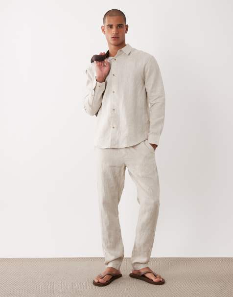 ASOS DESIGN - Smalle broek van 100% linnen in stone - view 1
