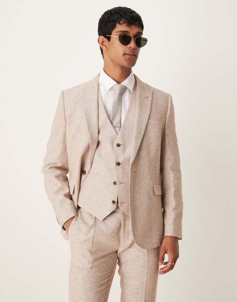 ASOS DESIGN - Smalle colbert van katoen- en linnenmix in bruin visgraatmotief - view 1