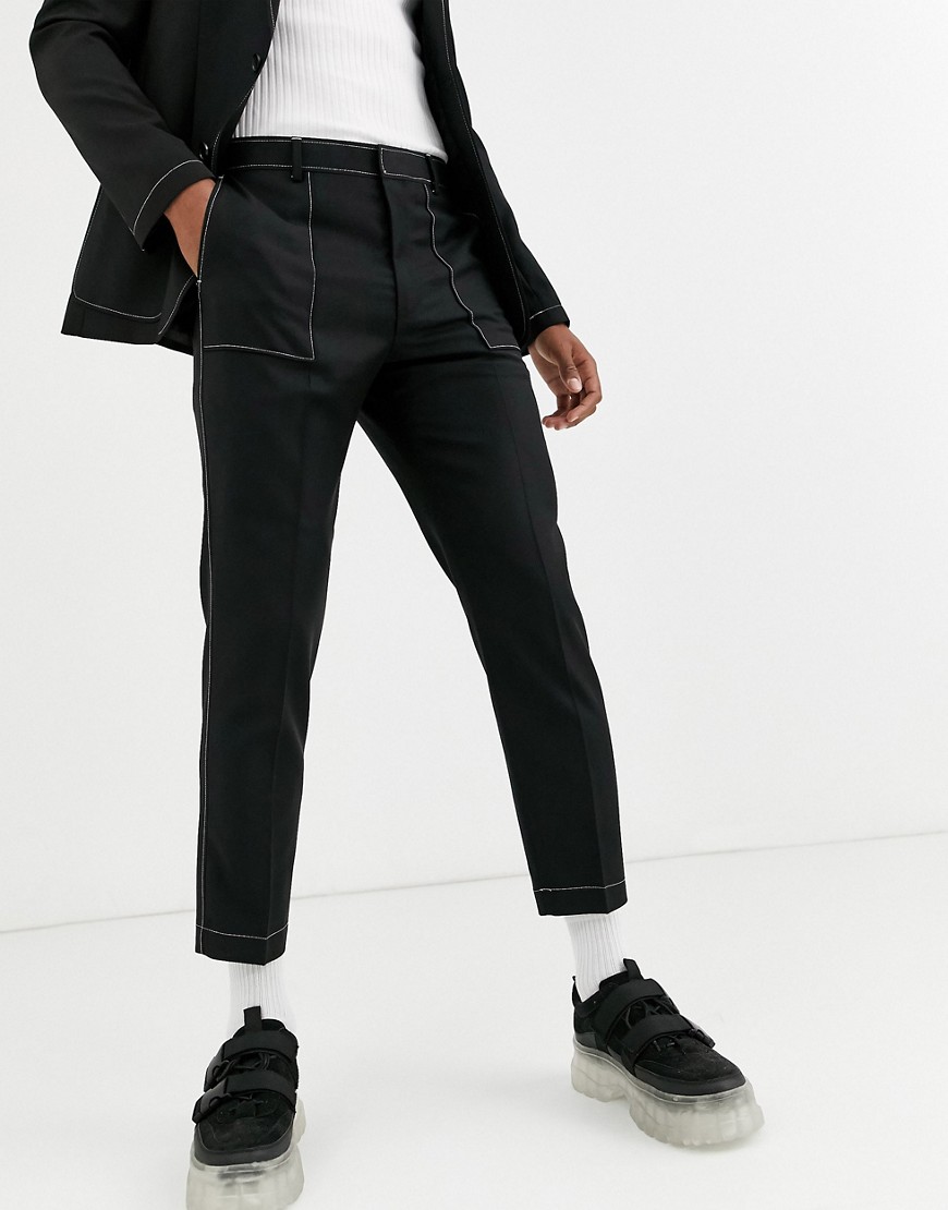 ASOS DESIGN - Smalle cropped pantalon in zwart met contrasterende witte stiksels