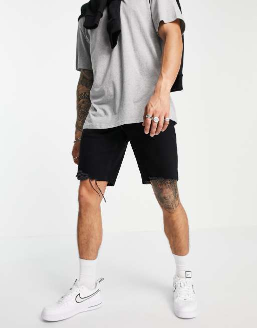 ASOS DESIGN - Smalle denim short in zwart met onafgewerkte zoom