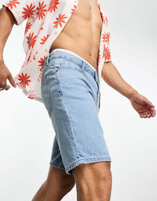 ASOS DESIGN - Smalle denim short met normale lengte in blauw met lichte stone wassing, 4 van 4
