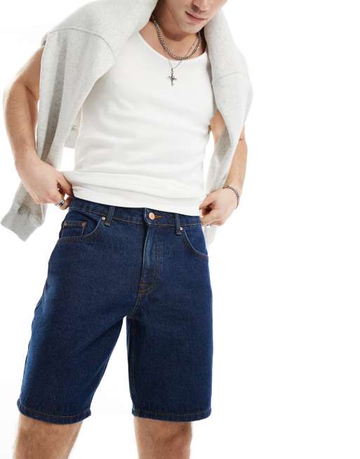ASOS DESIGN - Smalle denim short met normale pasvorm en wassing in indigo