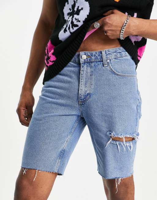 ASOS DESIGN - Smalle denim short met scheur op het dijbeen in mid-wash , 3 van 4