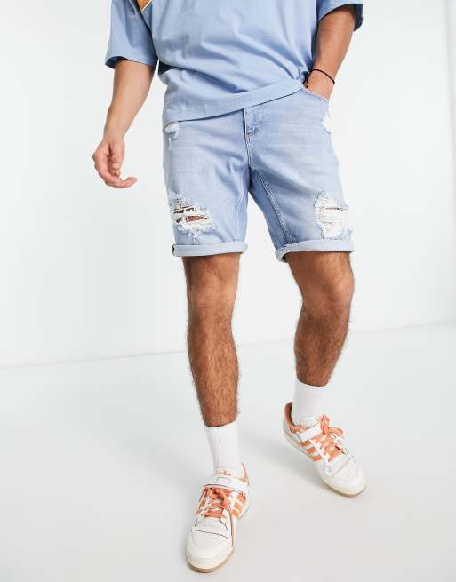 ASOS DESIGN - Smalle denim short met stretch en grote scheuren in lichte wassing 