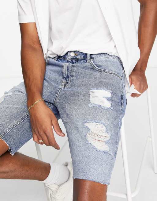 ASOS DESIGN - Smalle denimshorts med store flænger i mellemblå vask , 3 af 4