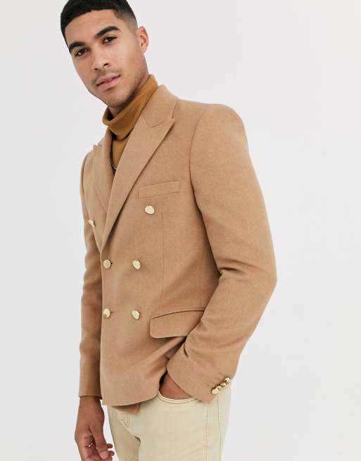 ASOS DESIGN - Smalle double-breasted blazer met goudkleurige knopen in geborsteld kameelbruin