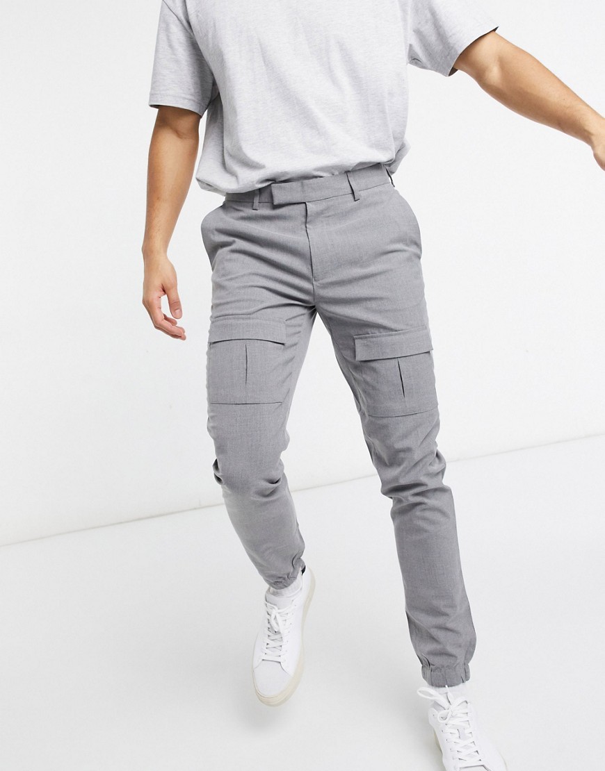 ASOS DESIGN - Smalle elegante bukser med cargolommer foran i grå