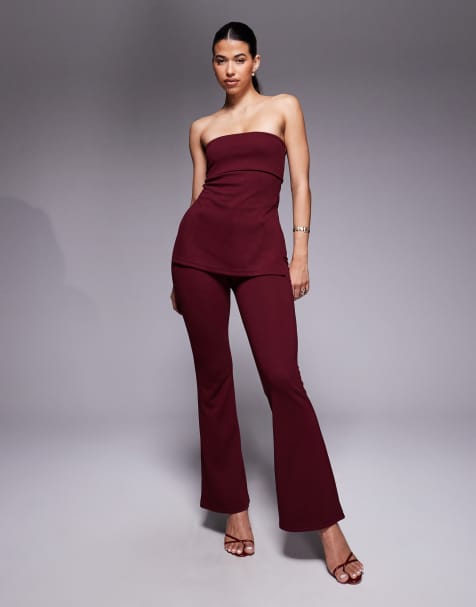 ASOS DESIGN - Smalle flare broek van jersey keperstof in bordeauxrood, deel van co-ord set - view 1