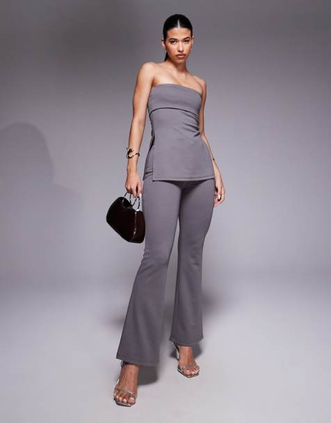 ASOS DESIGN - Smalle flare broek van jersey keperstof in donkergrijs, deel van co-ord set - view 1