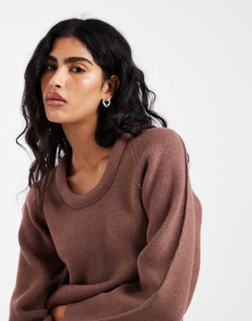 ASOS DESIGN - Smalle gebreide top met gevulde hals en structuur in mokka, 3 van 4