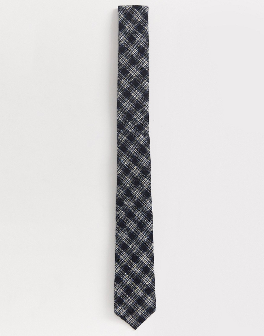 ASOS DESIGN - Smalle geruite stropdas in marineblauw met zwart
