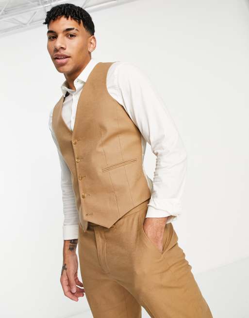 ASOS DESIGN - Smalle gilet van linnenmix in tabaksbruin
