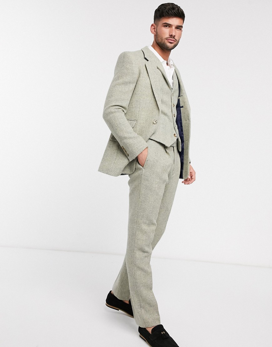 ASOS DESIGN - Smalle habitbukser i 100% uld Harris Tweed i stonefarvet sildeben-Stenfarvet