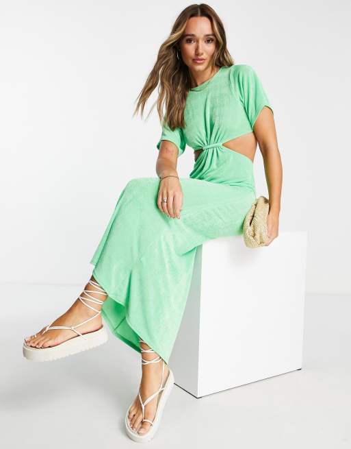 ASOS DESIGN - Smalle halflange T-shirtjurk van gladde stof met uitsnijding in felgroen