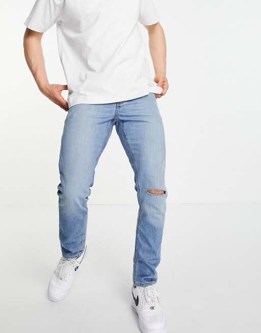 ASOS DESIGN - Smalle jeans in vintage mid wash met scheuren op de knie