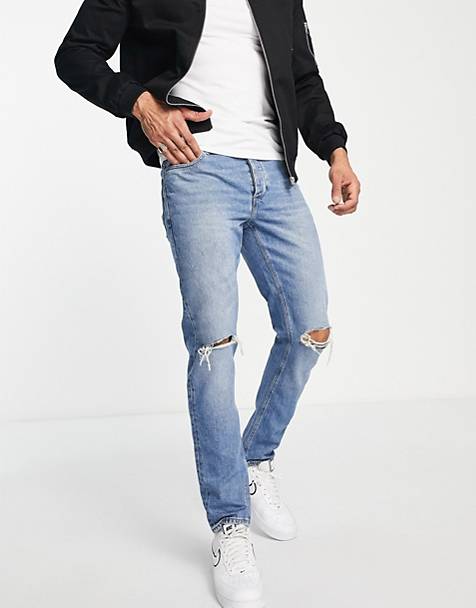 Heren Kleding voor voor Jeans voor Tapered jeans ASOS Denim Smaltoelopende Jeans Met Lichte Wassing En Scheuren in het Blauw voor heren 