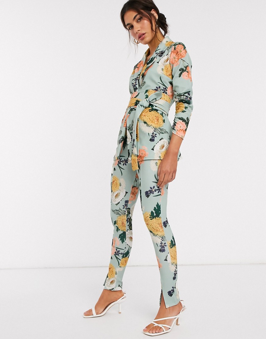 ASOS DESIGN - Smalle jersey pantalon met groenen bloemenprint-Meerkleurig