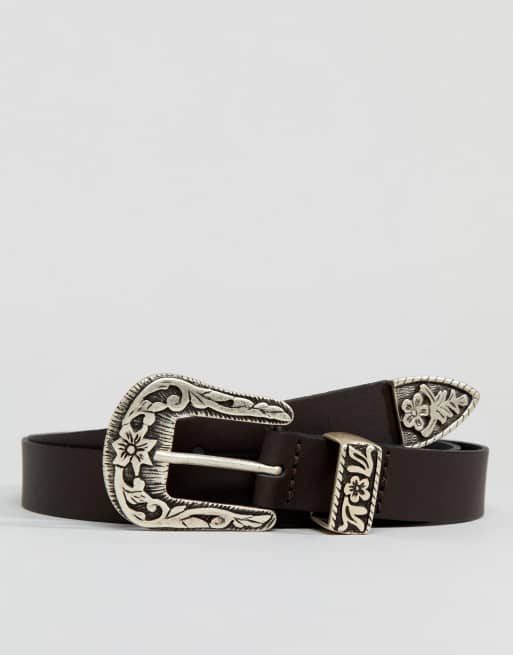 ASOS DESIGN - Smalle leren westernriem in bruin