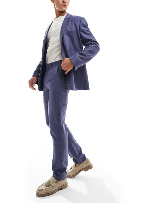 ASOS DESIGN - Smalle linnen pantalon met visgraatmotief in marineblauw