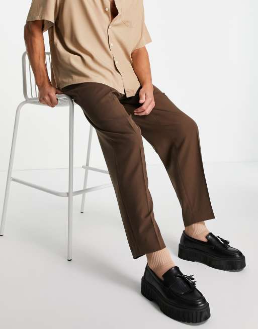 ASOS DESIGN - Smalle nette broek met hoge taille in bruin 