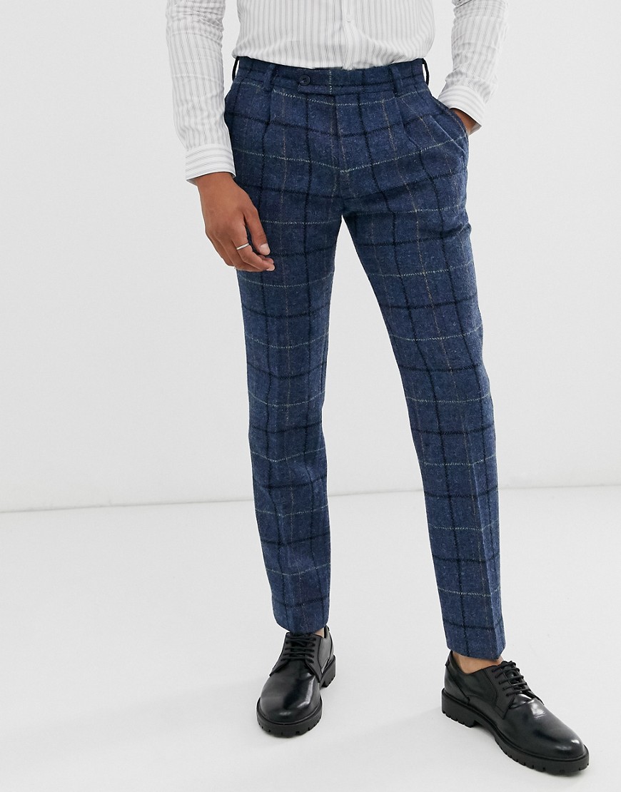 ASOS DESIGN - Smalle nette broek van 100% wol, Harris Tweed in blauwe ruit