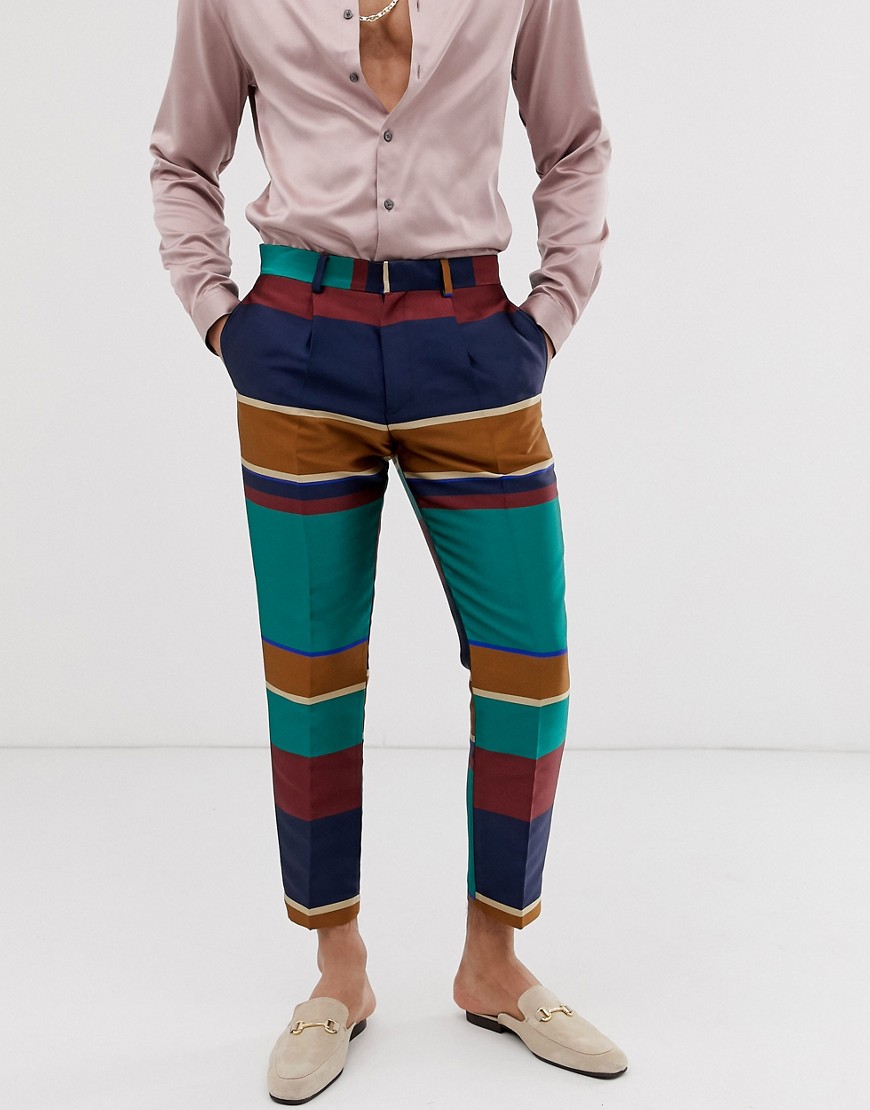 ASOS DESIGN - Smalle nette cropped broek met verschillend gekleurde strepen-Groen