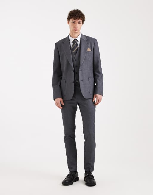 ASOS DESIGN - Skinny-fit pak met wollook en visgraatmotief in marineblauw, 4 van 4