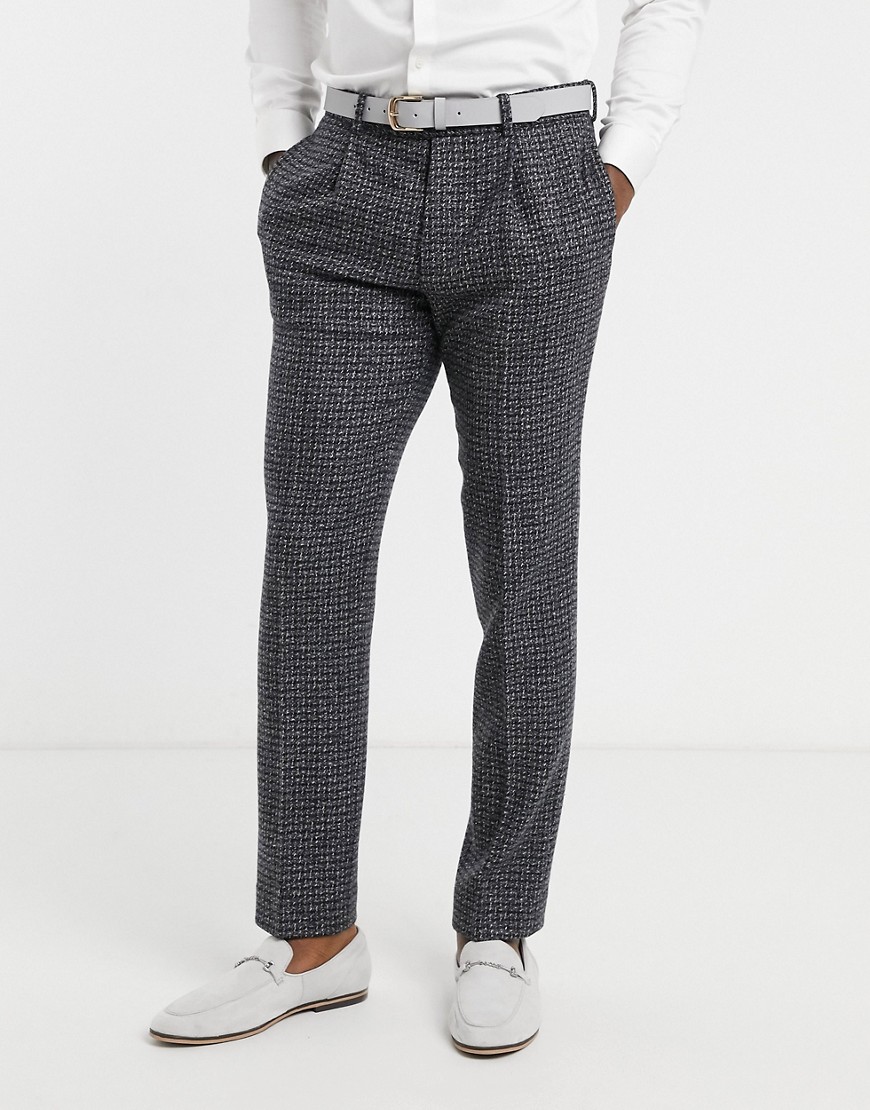 ASOS DESIGN - Smalle pantalon van 100% lamswollen tweed in blauw met grijs