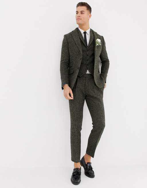 ASOS Design - Smal kostuum van 100% wollen Harris tweed met fijne kaki ruit, 3 van 4