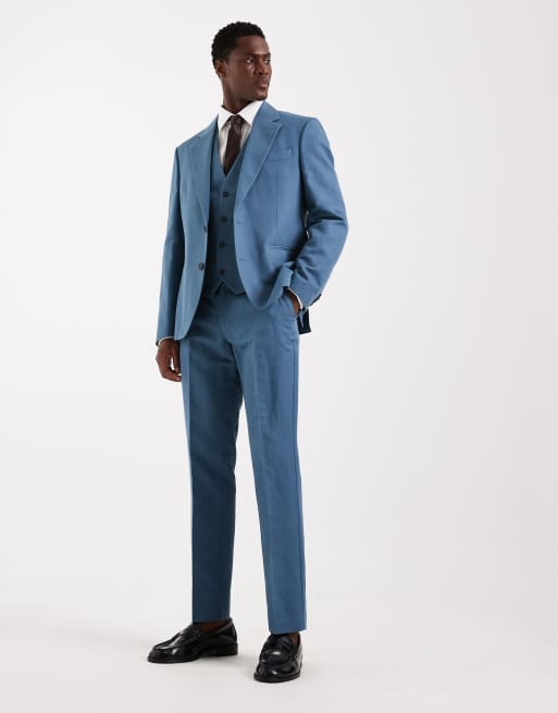 ASOS DESIGN - Slim-fit pak van linnenmix keperstof in middenblauw, 3 van 4