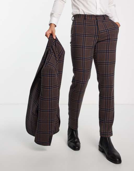 ASOS DESIGN - Smalle pantalon van wolmix in grote bruine en donker groenblauwe pied-de-poule 