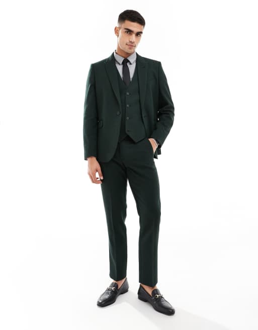 ASOS DESIGN - Smalle pantalon van wolmix met visgraatmotief in groen