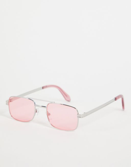 ASOS DESIGN - Smalle pilotenzonnebril in zilver met roze glazen