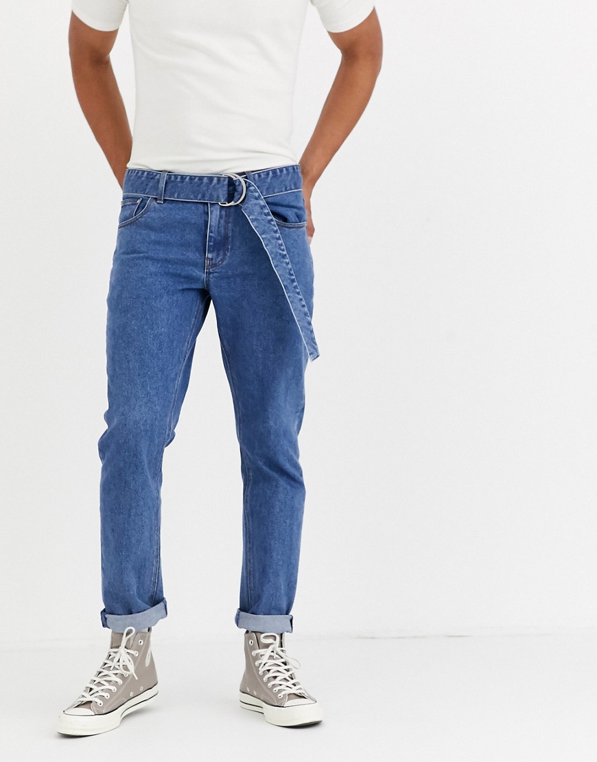 ASOS DESIGN - Smalle stretch jeans in blauw met strikceintuur