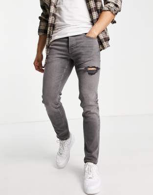 ASOS DESIGN - Smalle stretch jeans met slijtageplekken in grijze wassing  