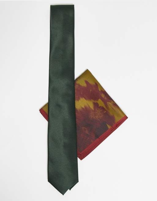 ASOS DESIGN - Smalle stropdas en pochet in donkergroen met abstracte bloemenprint