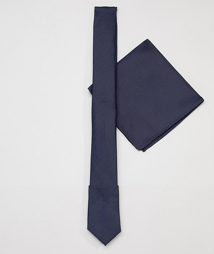 ASOS DESIGN - Smalle stropdas en pochet in marineblauw